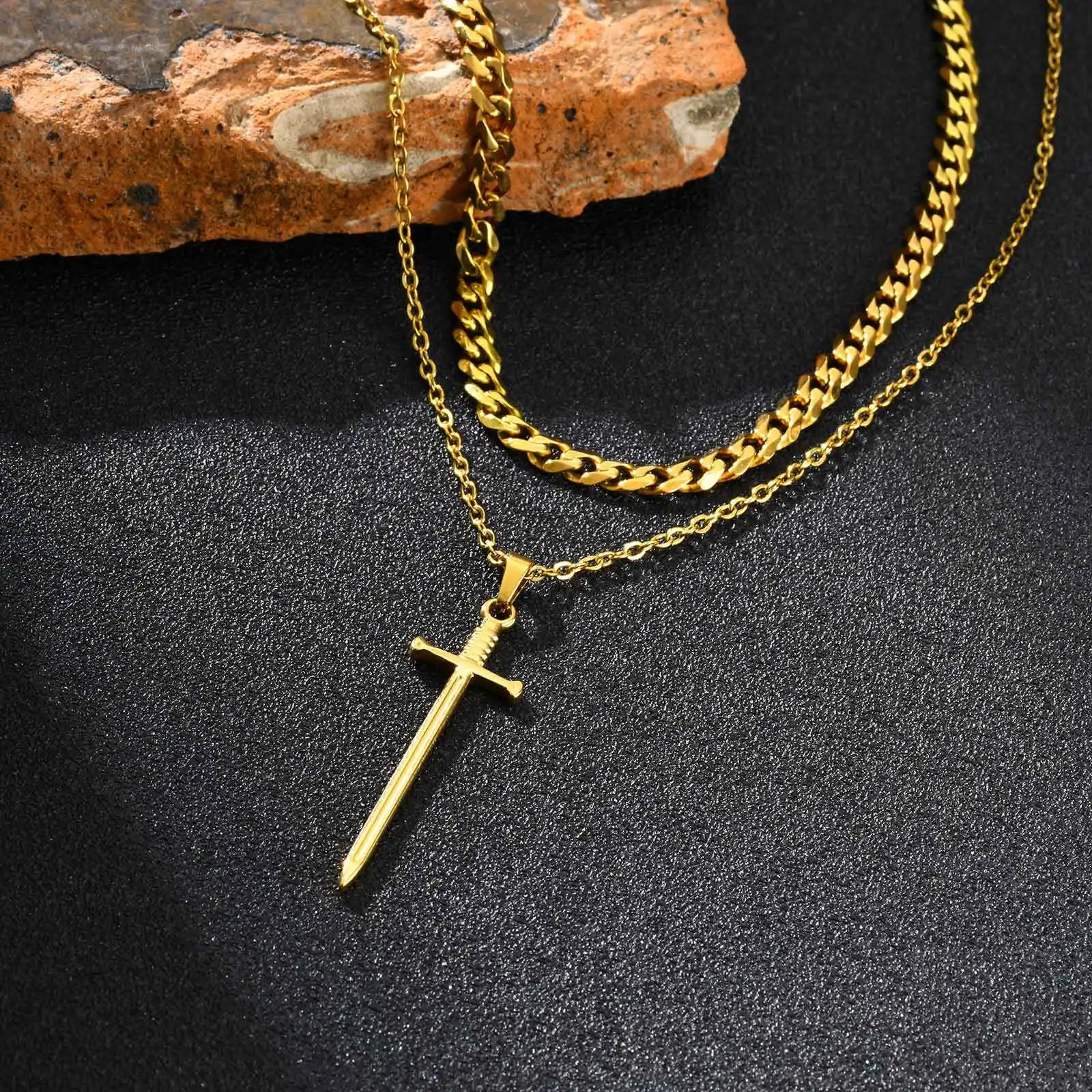 Lange Schwert-Anhänger-Halskette für Männer und Jungen, Punk-Anhänger aus Edelstahl, 50 cm Kettenhalsband – Detail 4
