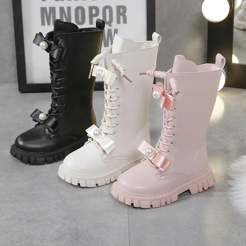 Zapatos Niña 2024 Winter Boot Fashion Children High Boots Girl Long Boots Lace Up Princess Boots Leather Boot Kid Shoes Botas