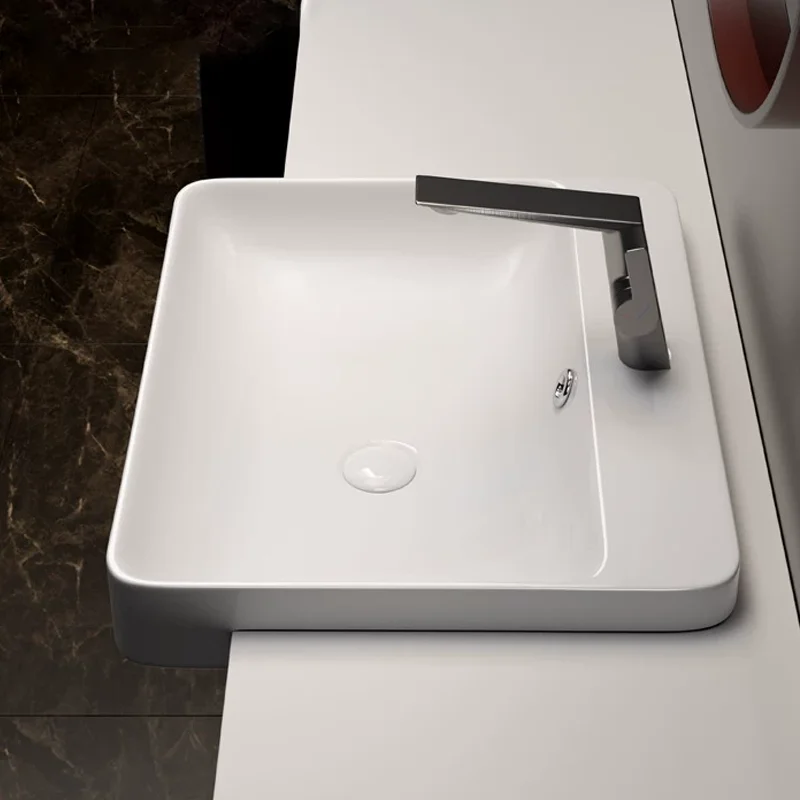 Elegant Ceramic Vessel Sink, Rectangular in Appearance, with an Embedded Design - an Ideal Choice for Modern Bathroom Fixtures, Suitable for Changing Rooms, Vanity Tables, and Bathrooms