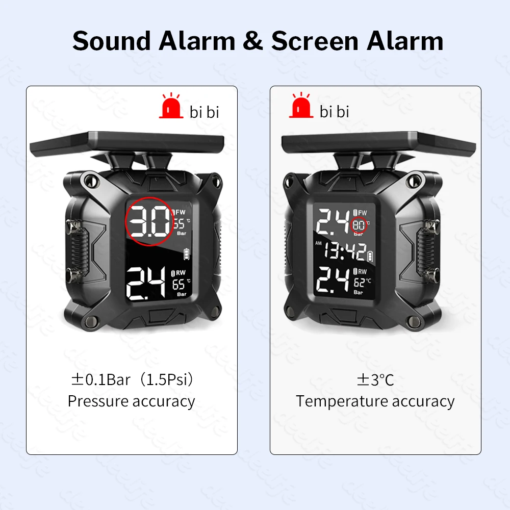 Solar Charging Wireless Motorcycle TPMS Motor Tire Pressure Tyre Temperature Monitoring Alarm System With 2 External Sensors view 4