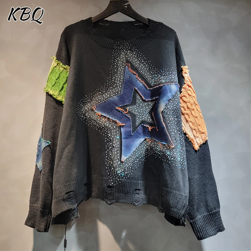 

KBQ Hit Color Patchwork Designer Knitting Pullover Sweater For Women O Neck Long Sleeve Cut Out Loose Sweaters Female Fashion