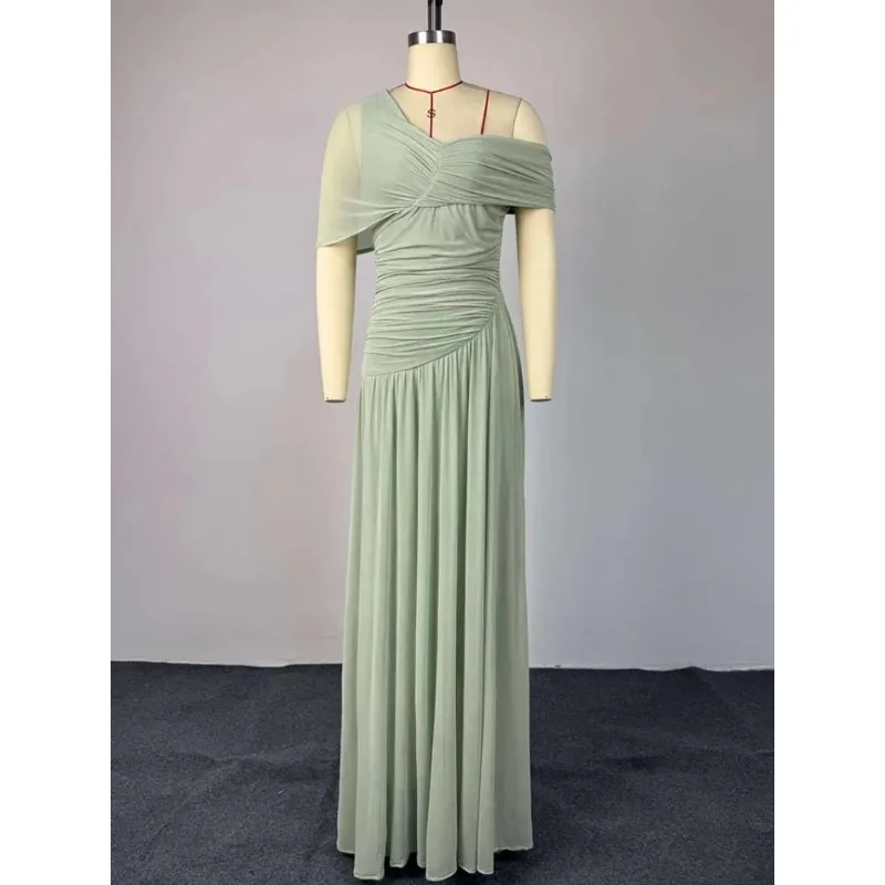 New Elegant Off Shoulder Bridesmaid Dress Sexy Sloping Collar Pleated Women's Evening Dress Casual Sleeveless Summer Robe Dress
