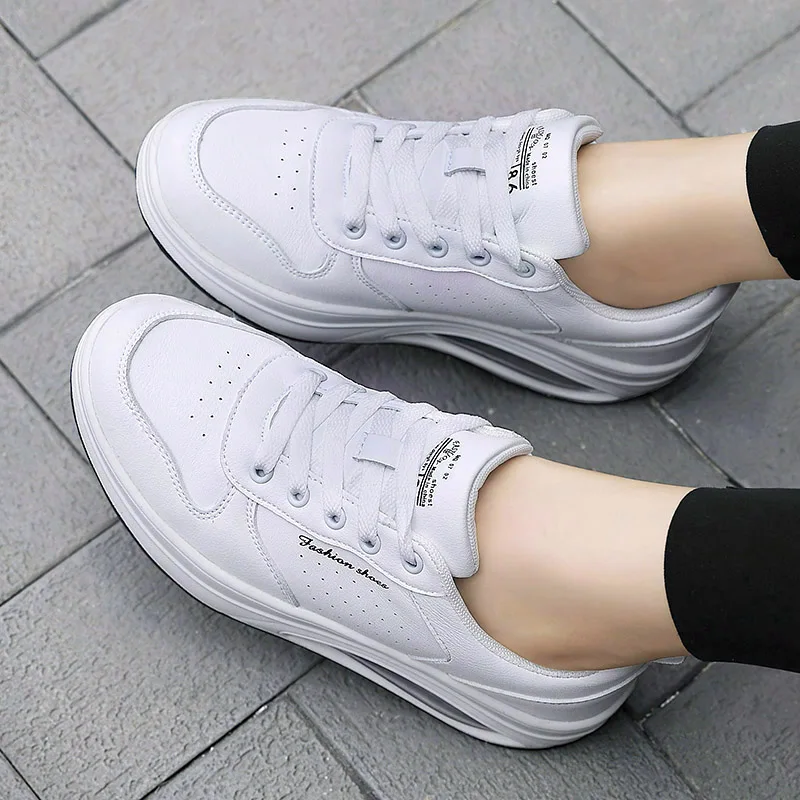

Ladies Rocker Sole Casual Shoes Soft Leather Upper Air Cushion Wedge Heel Comfort Daily Shake Walking Footwear 2106