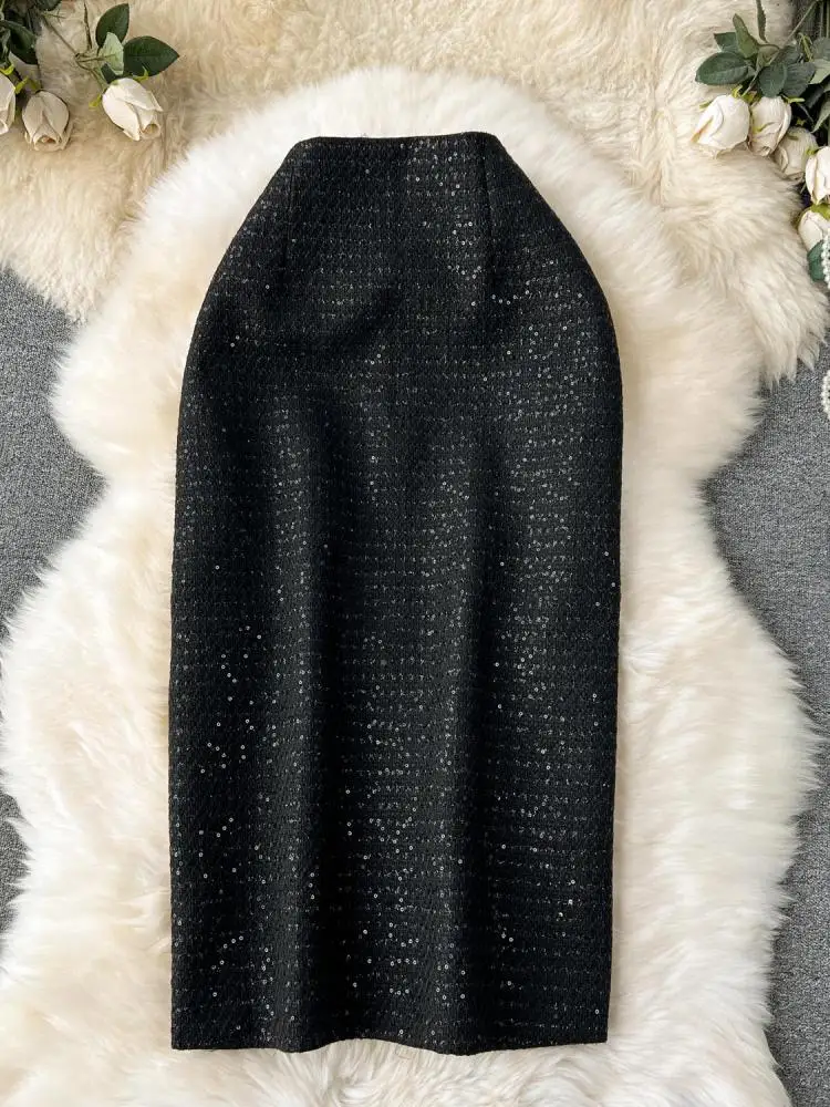 Koreaanse Mode Wit Pailletten Ontwerp Lange Rokken Voor Vrouwen Casual Streetwear Sexy Club Black Party Midi Rok Dames Herfst Winter