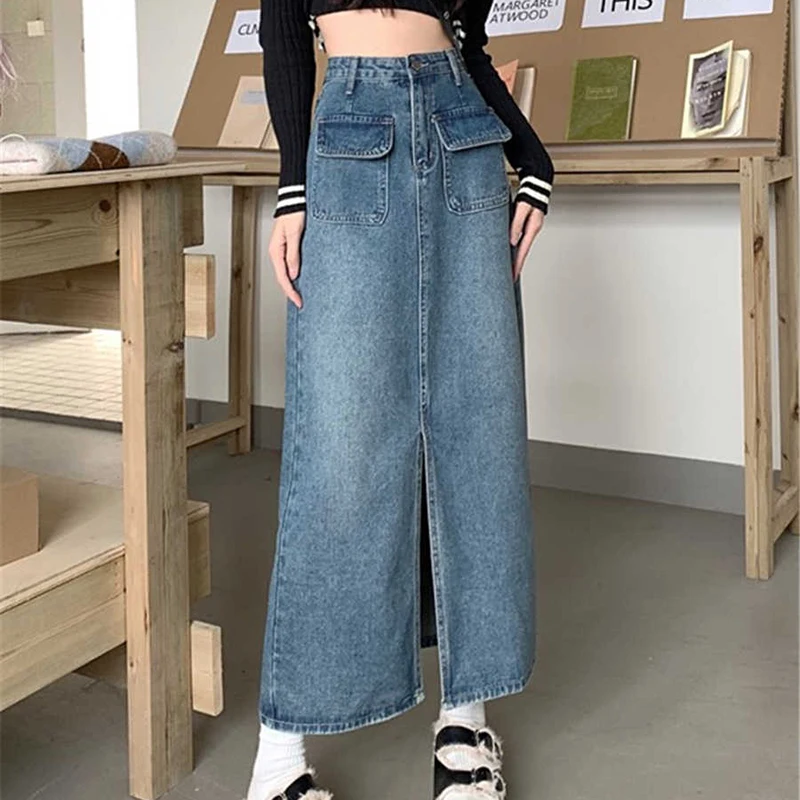 S-3xl faldas vaqueras con abertura de gran tamaño para mujer, falda vaquera azul acampanada, faldas de longitud media de cintura alta para mujer, ropa de calle