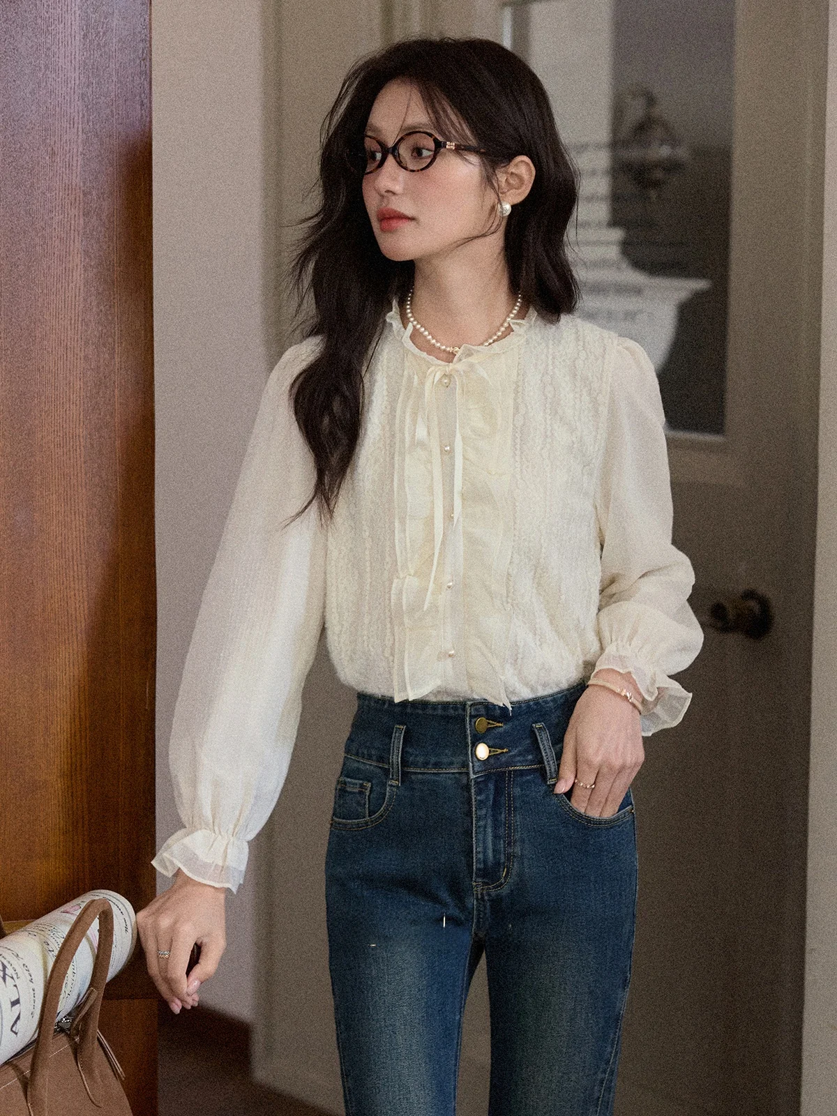

Ele Long Sve irt Women's Sle French Brand Deer South Initial Autumn Apricot Wood Ear Slimming Agel Top