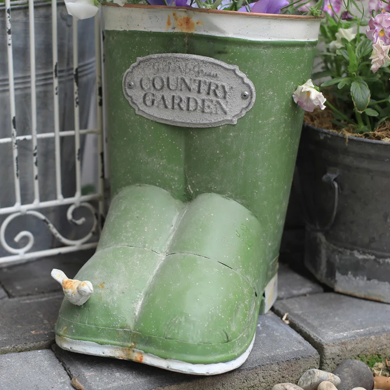 Macetas de flores de Metal para exteriores, Cubo de cesta, macetas de granja verde con botas de hierro para pájaros, decoración de soporte de flores