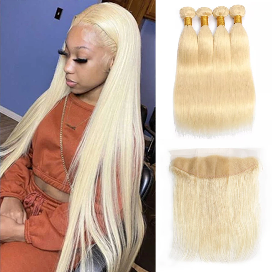 613 Blonde Bundles With Frontal Brazilian Human Hair With Lace Closure Straight Remy 3 4 Human Hair Bundles Weave With Frontal