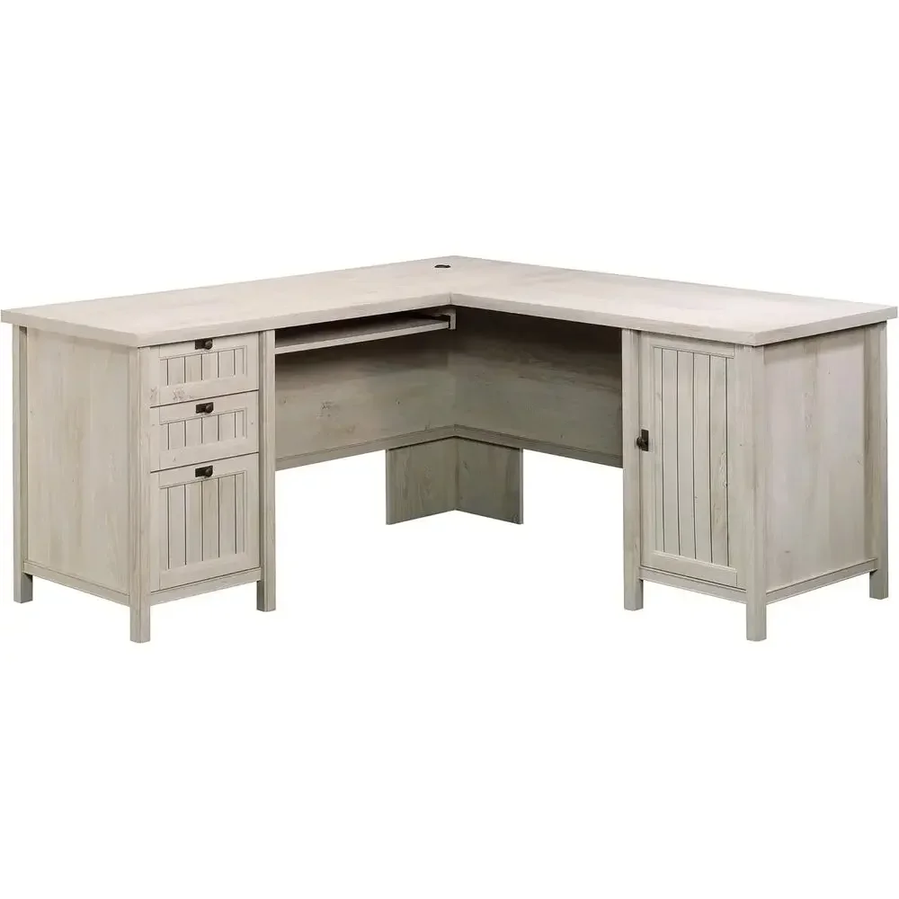 L-Shaped Desk in Chalked Chestnut with Storage and Keyboard Tray for Home Office