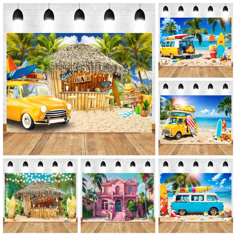 

Summer Hawaiian Tropical Beach Theme Decorative Banner Background, Hawaiian Seaside Surfboard Camping Car Photography Background