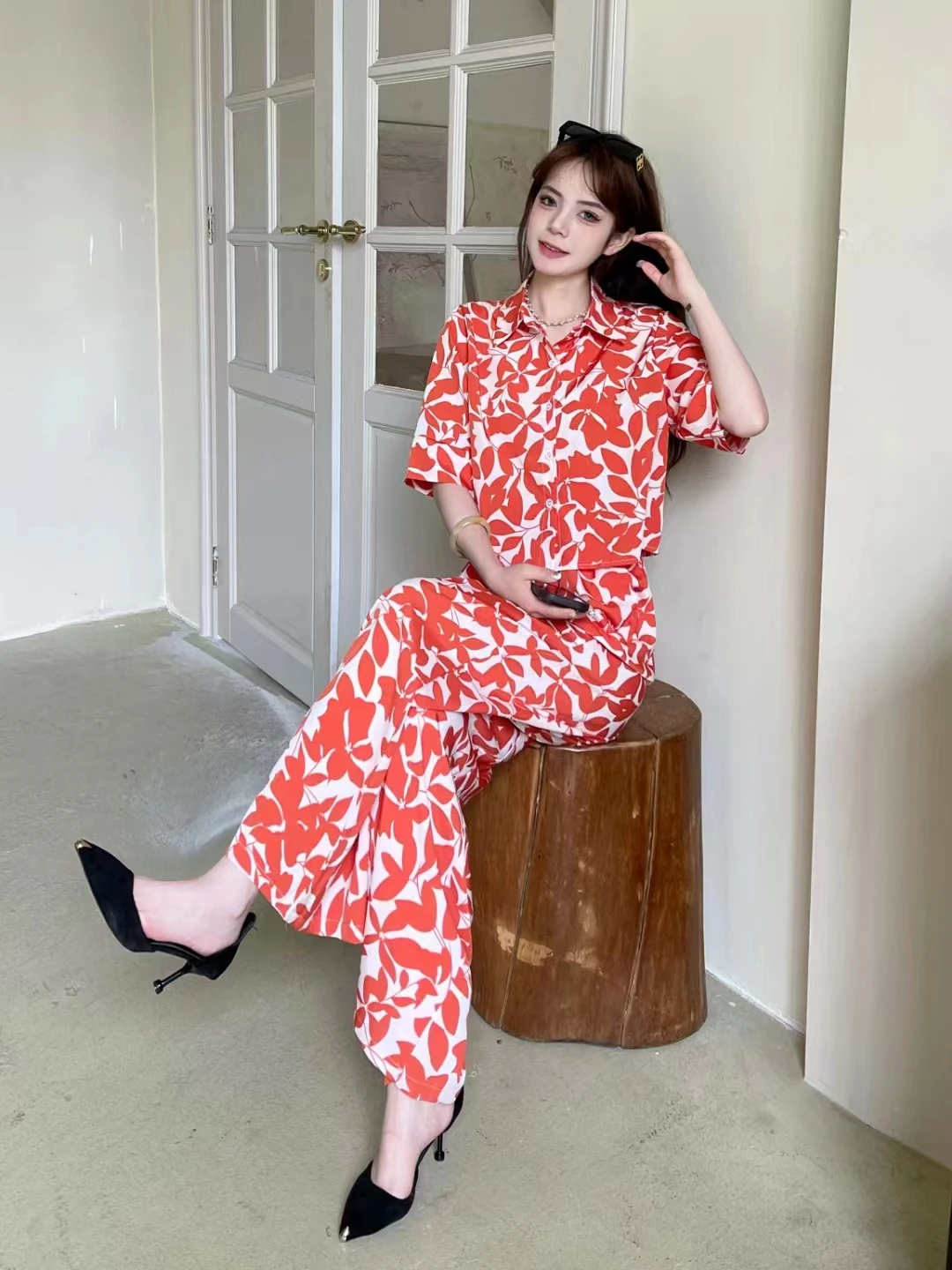 2024 New Spring Summer Women Sweet Florl Long Pants Suits Loose Short Shirt And High Waist Wide Leg Long Pants Two Piece Set