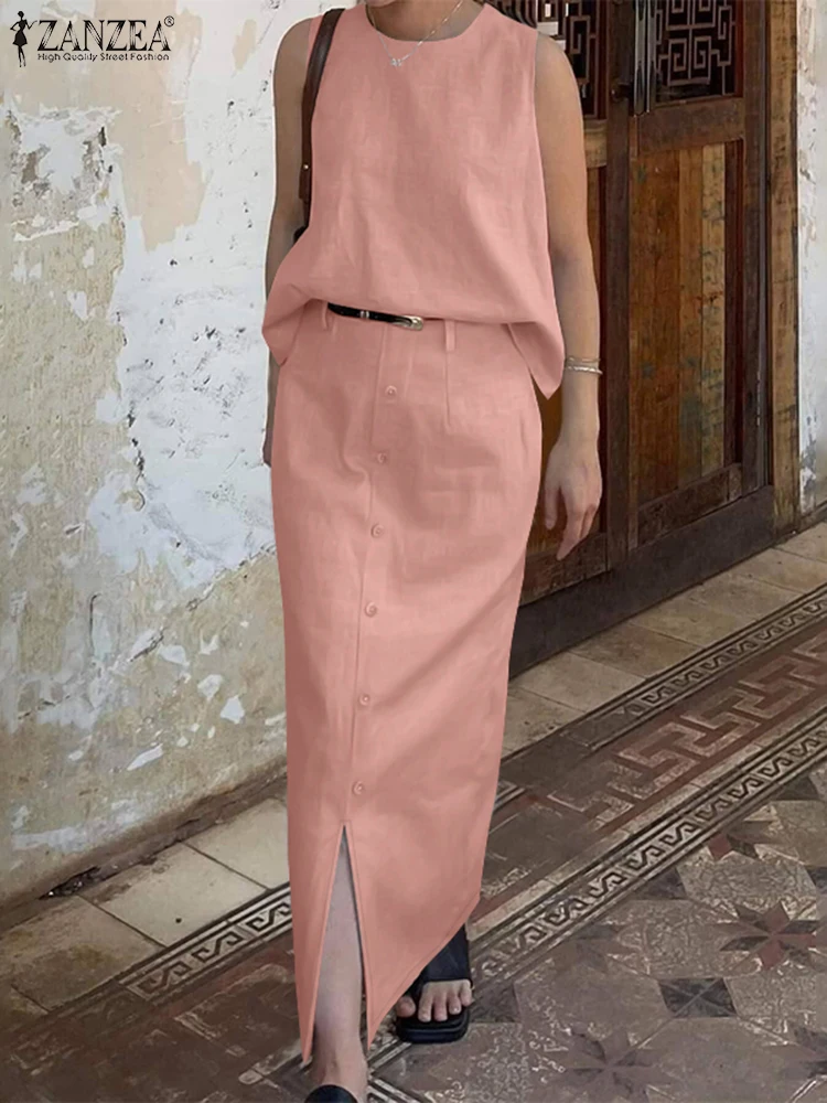 

ZANZEA Elegant Tank Tops Outfits Fashion Commuting Summer Casual Skirt Sets Women's Solid High Waist Long Skirt 2-Pieces Suits