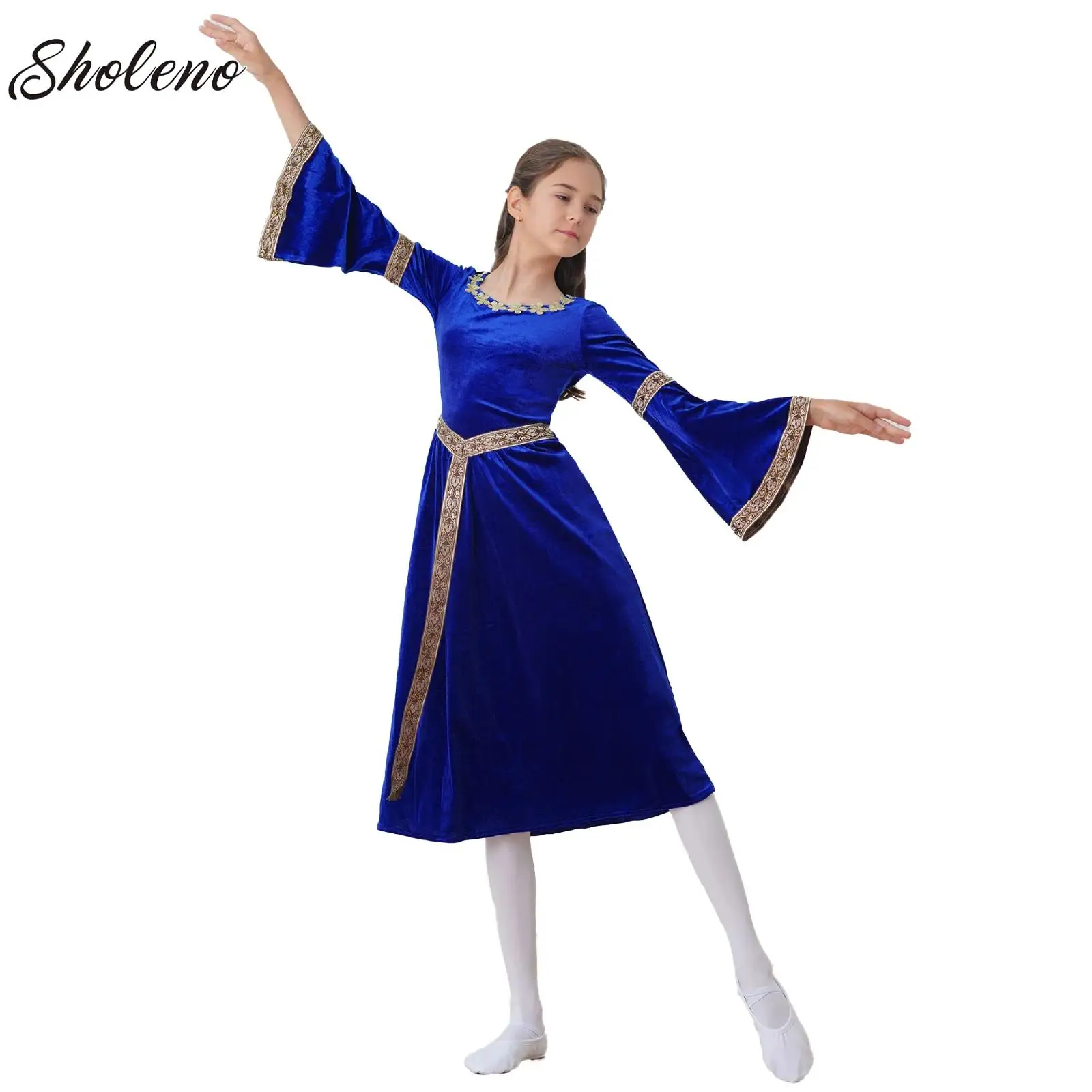 

Kid Girls Retro Dress Medieval Renaissance Princess Costume Long Flare Sleeve Vintage Dress Gown Carnival Party Cosplay Dress Up