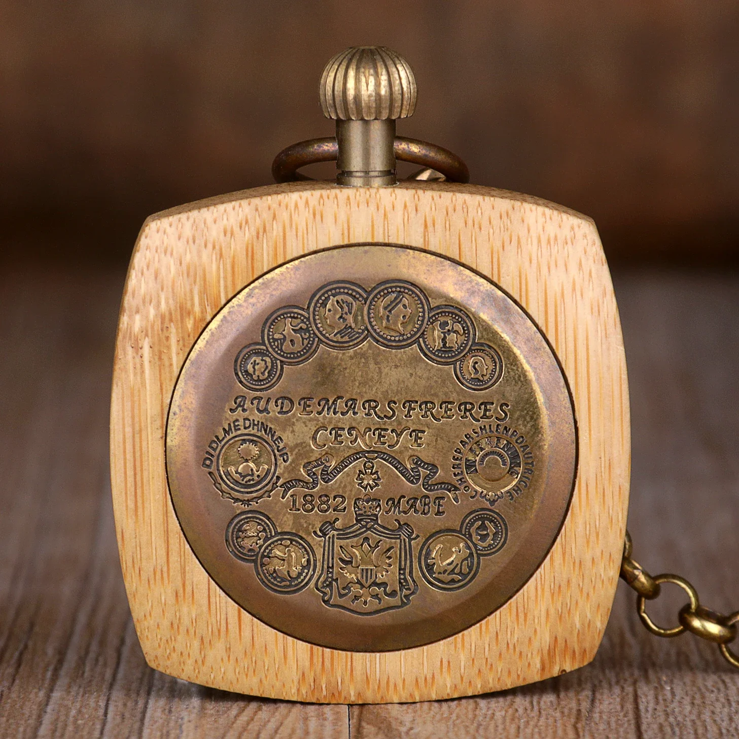 Fashion Wood Mechanical Pocket Watch Square Unique Design Vintage Charm Necklace Chain Hand Wind Fob Watch Men Women