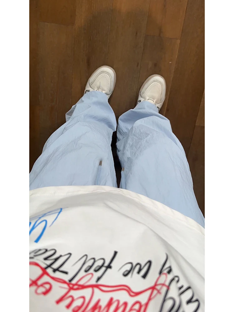 Light Blue Ice Silk Men's Summer Thin Wide Leg Pants Durable Casual Trousers Straight Cut High Waist Faionable Youthwear