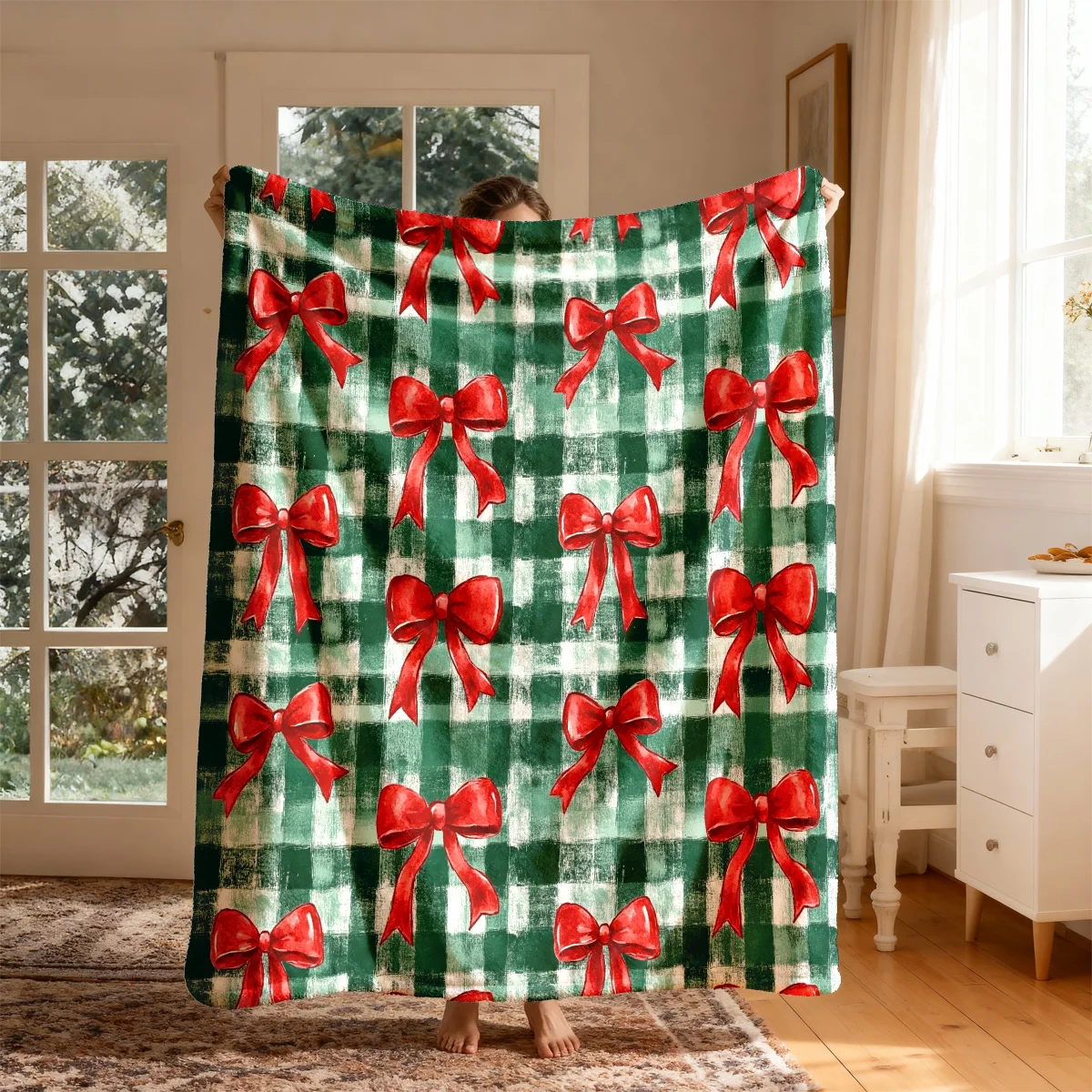 Chunky Green Plaid Throw Blanket with Red Bows Cozy Living Room Decor Gift for Couch