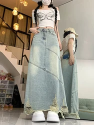 2024 New Vintage Loose Tassel Long Women Denim Skirts Summer High Waist Pocket Female Back Slit Jean Skirt