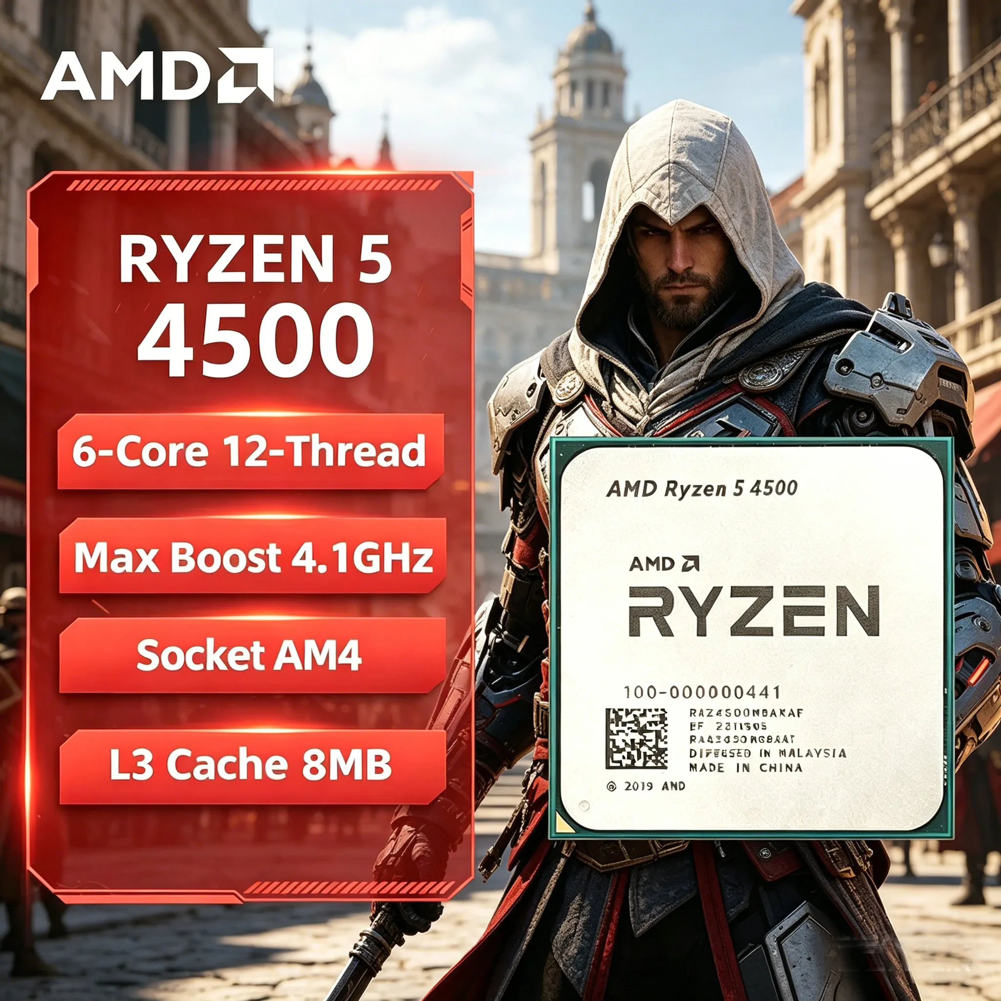 Procesador AMD Ryzen 5 4500 Tray, 6 Núcleos, 12 Subprocesos, 3.6GHz hasta 4.1GHz, AM4, 7NM, Zen2, 8MB de Caché, 65W, para PC de Escritorio y Juegos, Sin Ventilador