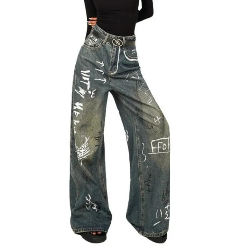 Fashion Vintage Graffiti Spicy Girl Do The Old Jeans Women High Waist Wide Leg Loose Casual Denim Pants s789