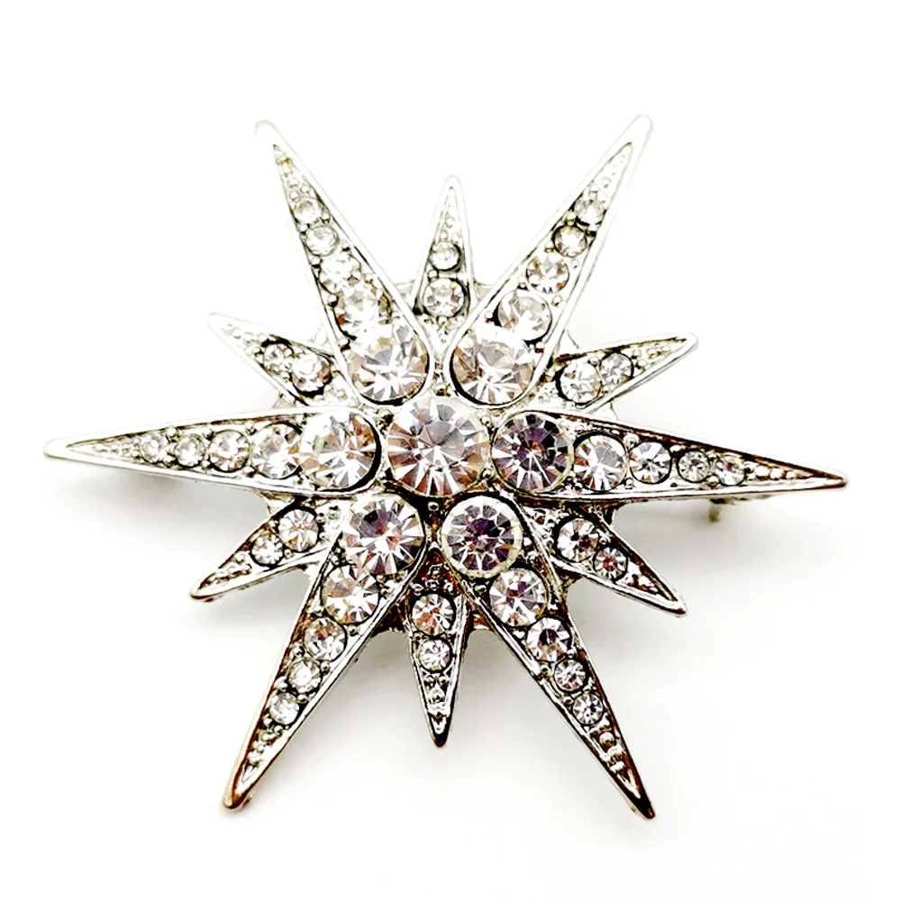 Vintage Victorian Luxury Rhinestone Starburst Star Brooches & Pins Shiny Crystal Cloak Lapel Pin Women Bouquet Jewelry