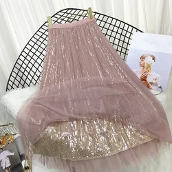 Lucyever Fashion Sequined Pleated Skirts Women Spring Summer Tulle A-line Long Skirt Female Elegant Chic High Waist Midi Skirts