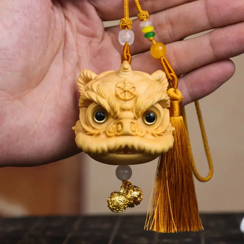 2025 Trendy Lion Dance Pendant Car Charms Boxwood Solid Wood Carving Car Durable Rearview Mirror Decoration School Bag Pendant