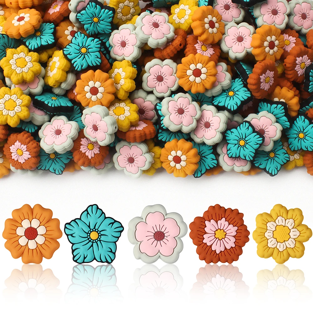5/10/20pcs  Vintage Style Flower Silicone Beads Colorful Floral Focal Beads For DIY Jewelry Making Beaded Pens Decors Supplies