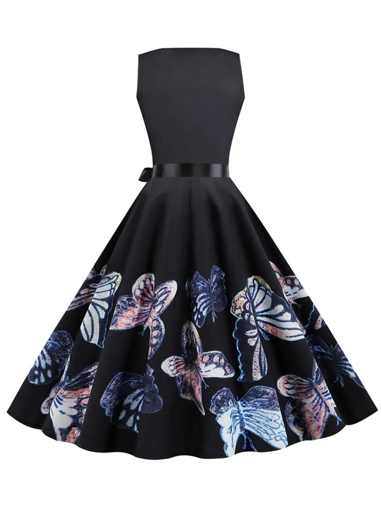 Black Butterfly Print Women Summer Midi Dress Sleeveless Vintage Retro Pin Up Party Robe Rockabilly Sundress