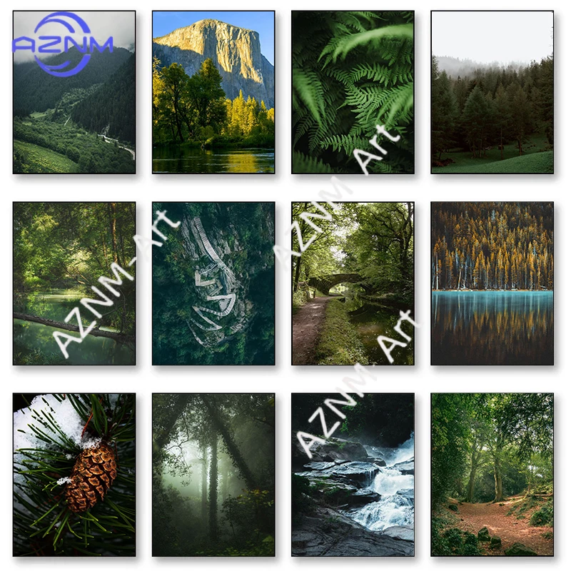 Green Pine Forest Waterfall Misty Mountains High Quality Photography Poster Canvas Paintings Wall Art Pictures Home Decor