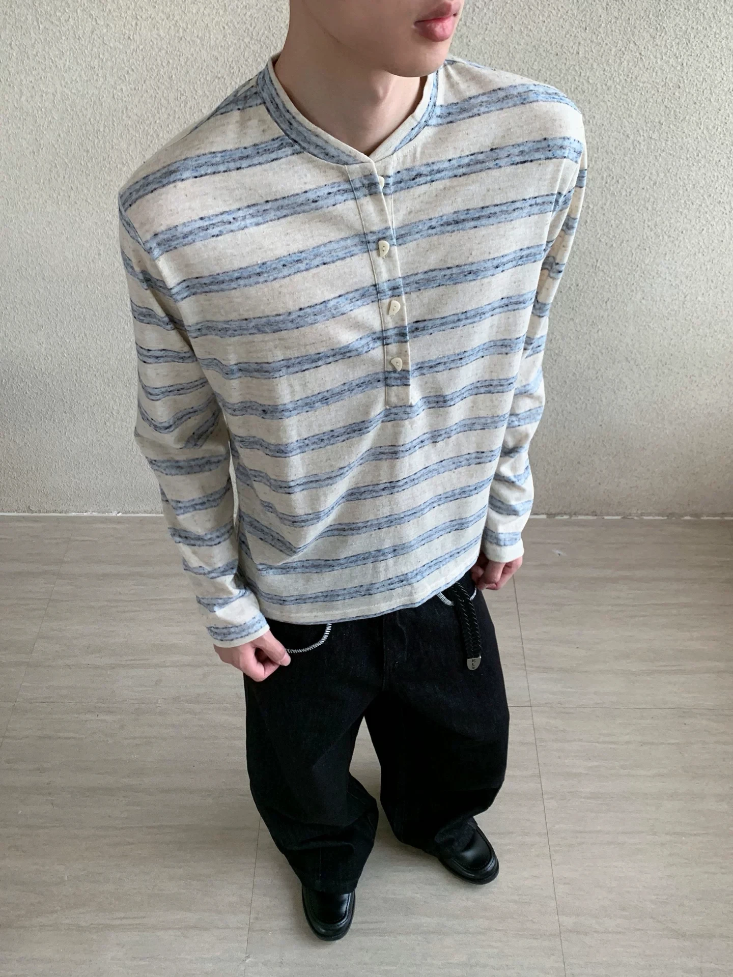 Retro Apricot Striped Henry Collar Long Sleeve T-Shirt Men's Loose Base Layer Shirt Casual Versatile Autumn Fashion Streetwear
