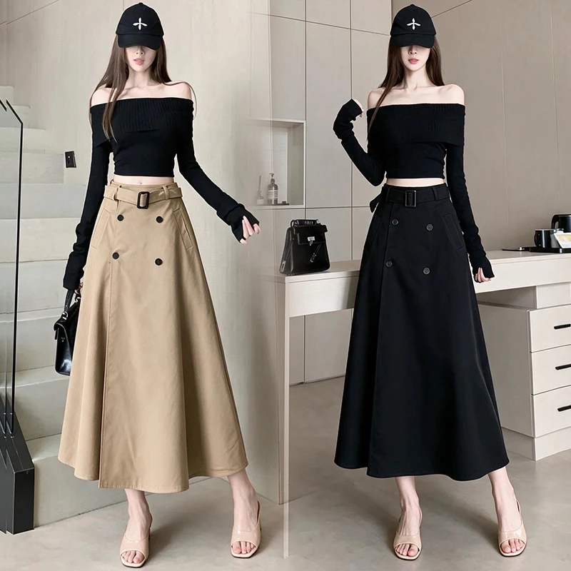 Elegant High Waist A-Line Midi Skirt for Women Commute PVC Fabric Double Breasted Belted Skirt Breathable Comfortable Skirt