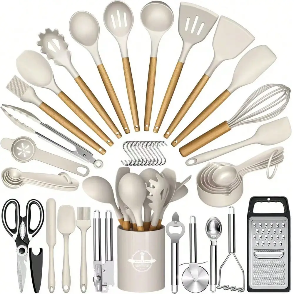 

Utensil Set 44Piece Silicone Kitchen Utensil Set With Holder, HeatResistant Kitchen Utensil Brush Set For NonStick Cookware, Bl