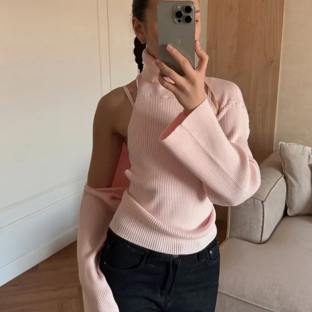 Women's Knit Two Piece Set European Style Hot Girl Outfit New Turtleneck Inner Top with Shawl Overlay Ladies Knitted Top