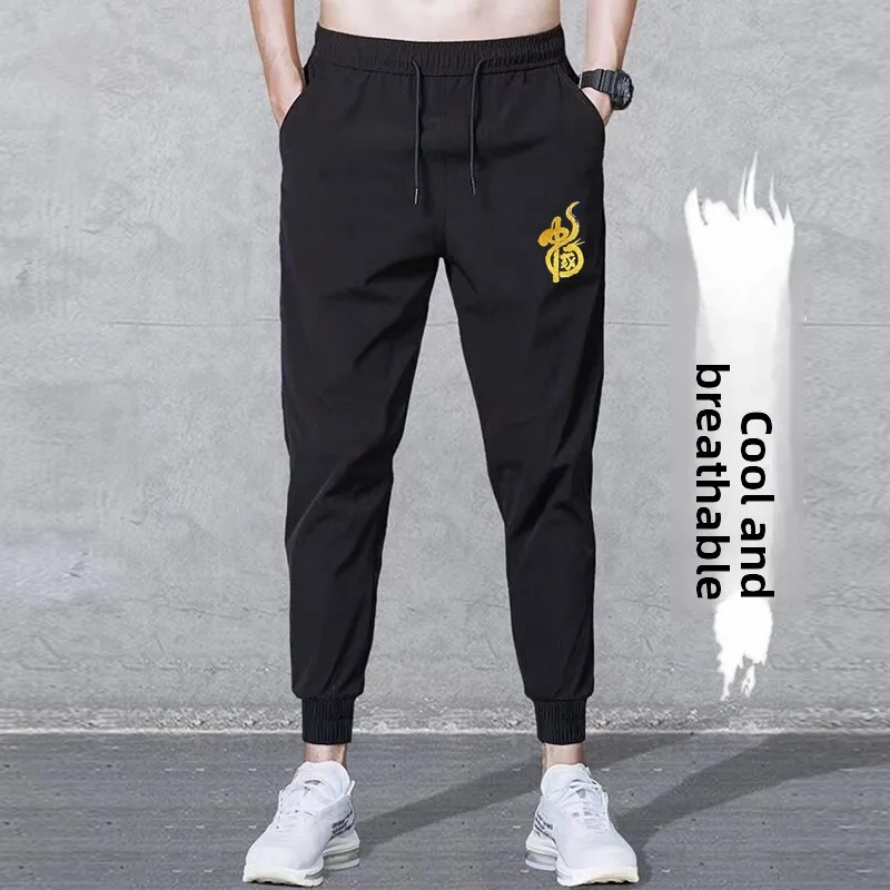 Men's Summer Ice Silk Qui Dry Sports Casual Pants Workwear Durable Trousers Youthful Elastic Long Trousers with Cuffs