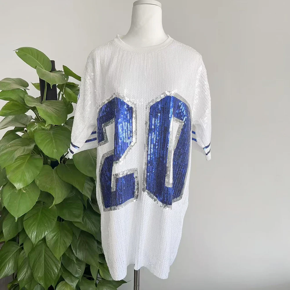 Sequin Glitter number 20 White  ZPB Clothes Half sleeve O Neck Sorority Long T Shirt