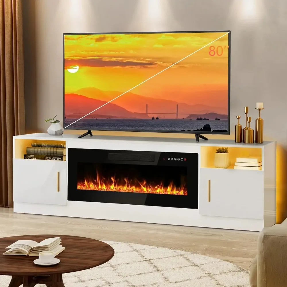

70" Modern Wood Media TV Console, Holds Up To 80" TV, LED Light Entertainment Center and Storage