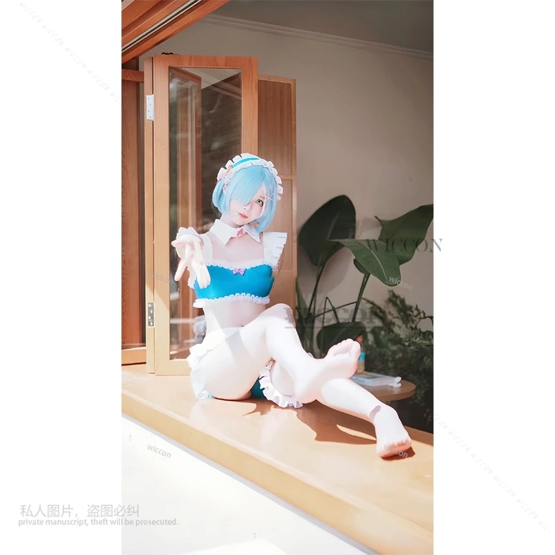 Anime Re Life in A Different World From Zero Rem Cosplay Costume Wig blue Swimsuit Skirt Adult Woman Sexy Summer Party Suit