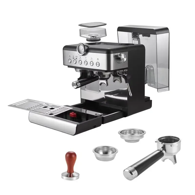 STLF 20 bar pressure stainless steel electric espresso machine, built-in grinder, 58 mm hand-pressed filter, milk frother,