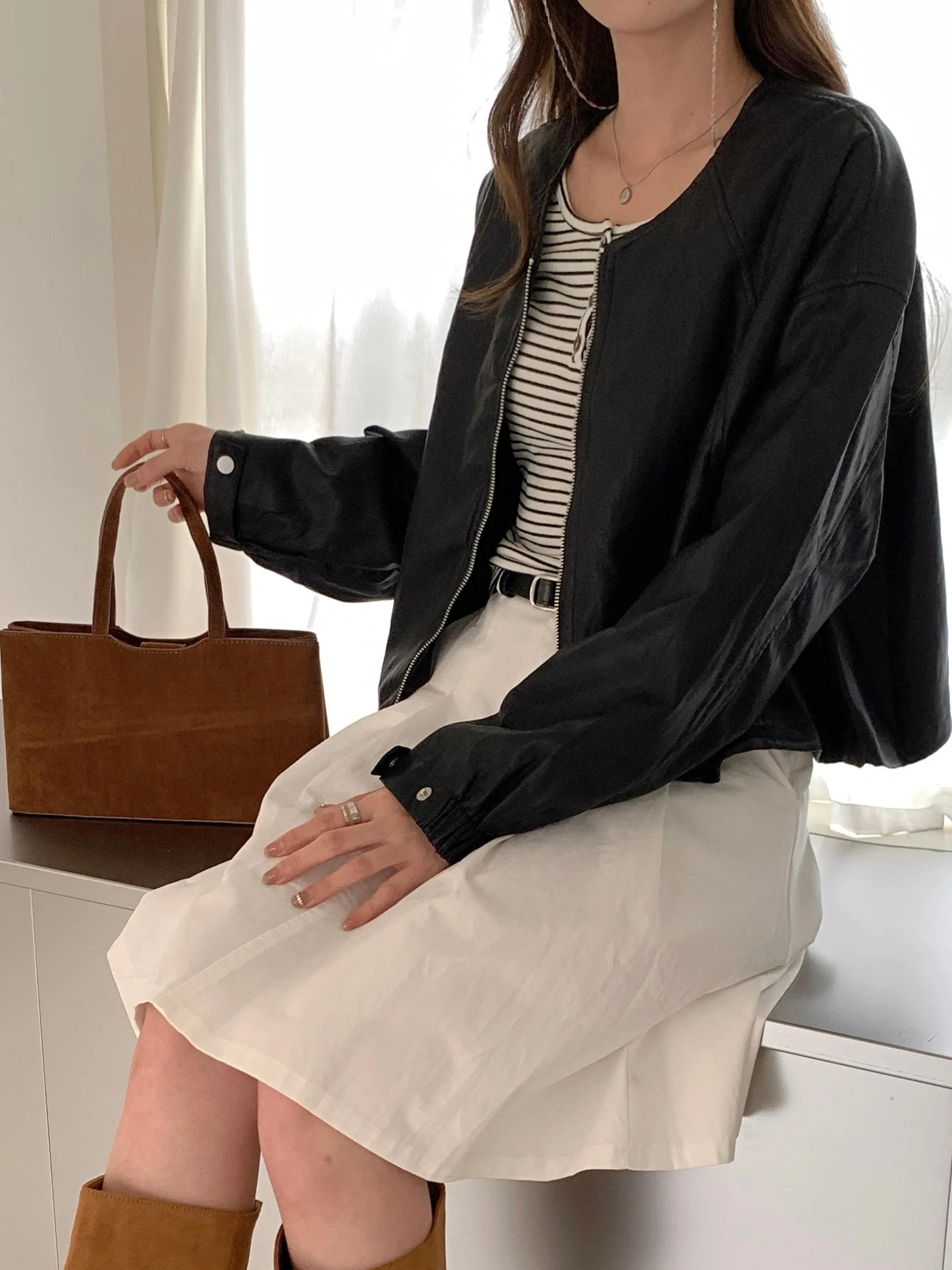 Retro Chic ort Leather Jaet Women's Autumn Winter round Ne Casual Versatile Hong Kong Sle Quali Faion Outerwear