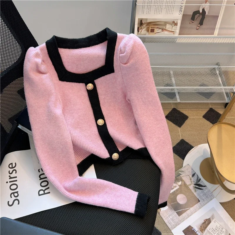 French Style Elegant Square Collar Knitted Sweater Women's Autumn New Fashion Bubble Sleeve Base Sweet Hot Top