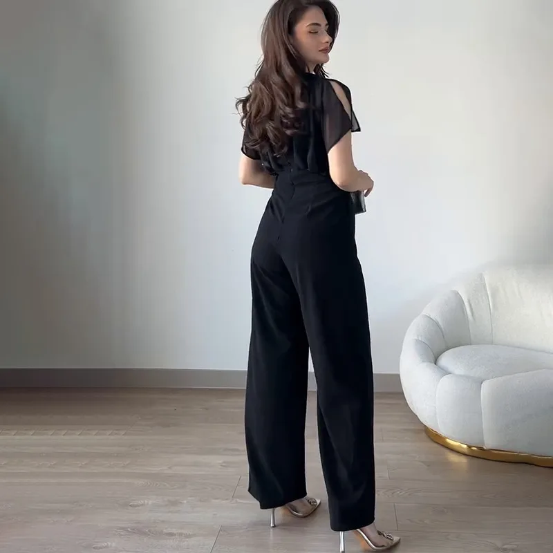 Jumpsuits Vrouwen Een Stuk Wijde Pijpen Broek V-hals Korte Mouwen Hoge Taille Stretch Broek Kantoor Dame 2025, Zomer Rompertjes