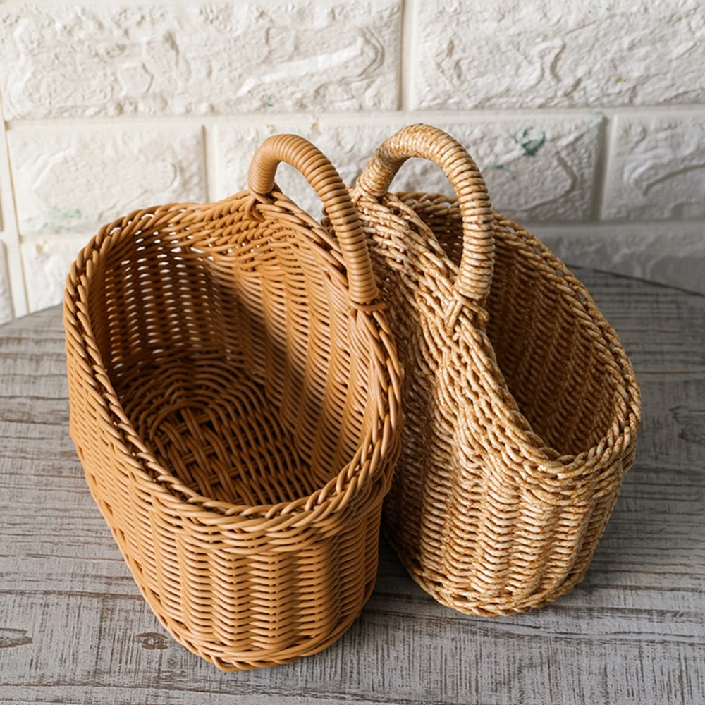 Hanging Woven Storage Basket Artificial Rattan Material Kitchen Storage Basket Fruit Sundries Organizer Washable Wall Decoration