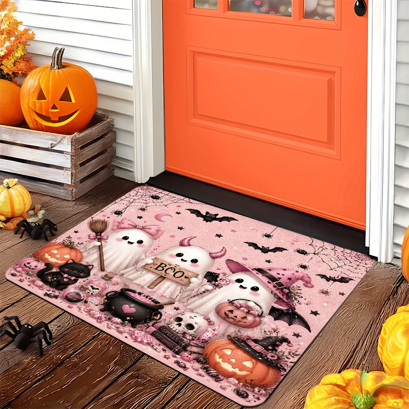 Cute Pink Ghost Pumpkin Doormat Indoor Outdoor Floor Covering Whimsical Spooky Floor Accent Mat for Entryway Halloween Decor