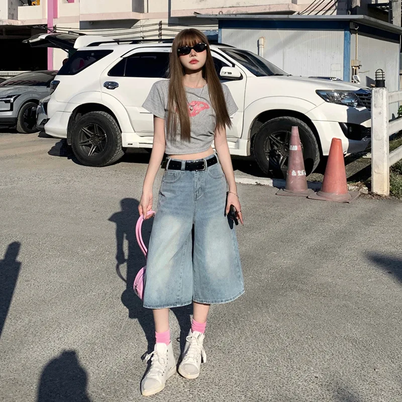 

Europe Streetwear Versatile Vintage Washed Jeans Women Y2k Fashion High Waist Wide Leg Pants 2025 New Casual 7 Points Jeans