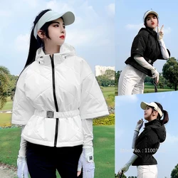 Pgm Women Golf Jackets Warm Thicken Winter Golf Coat Ladies Half Sleeve Hooded Baseball Windbreakers Slim Waist Sports Jersey