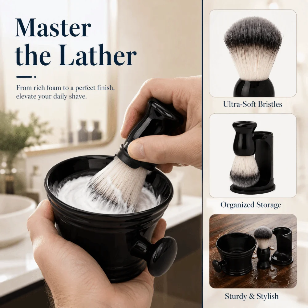 3PCS Soft Nylon Hair Shaving Brush Set ABS Handle Stainless Steel Bowl Beard Brush Black Brush Stand Holder