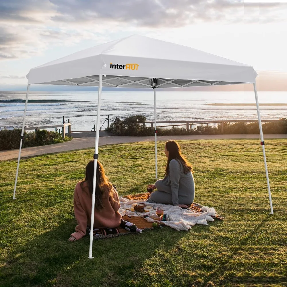 

Portable Pop up Canopy Tent with Wheeled Bag, Instant Outdoor Beach Canopy Folding Sports Shelter 8x8 Top 10x10 Base, White