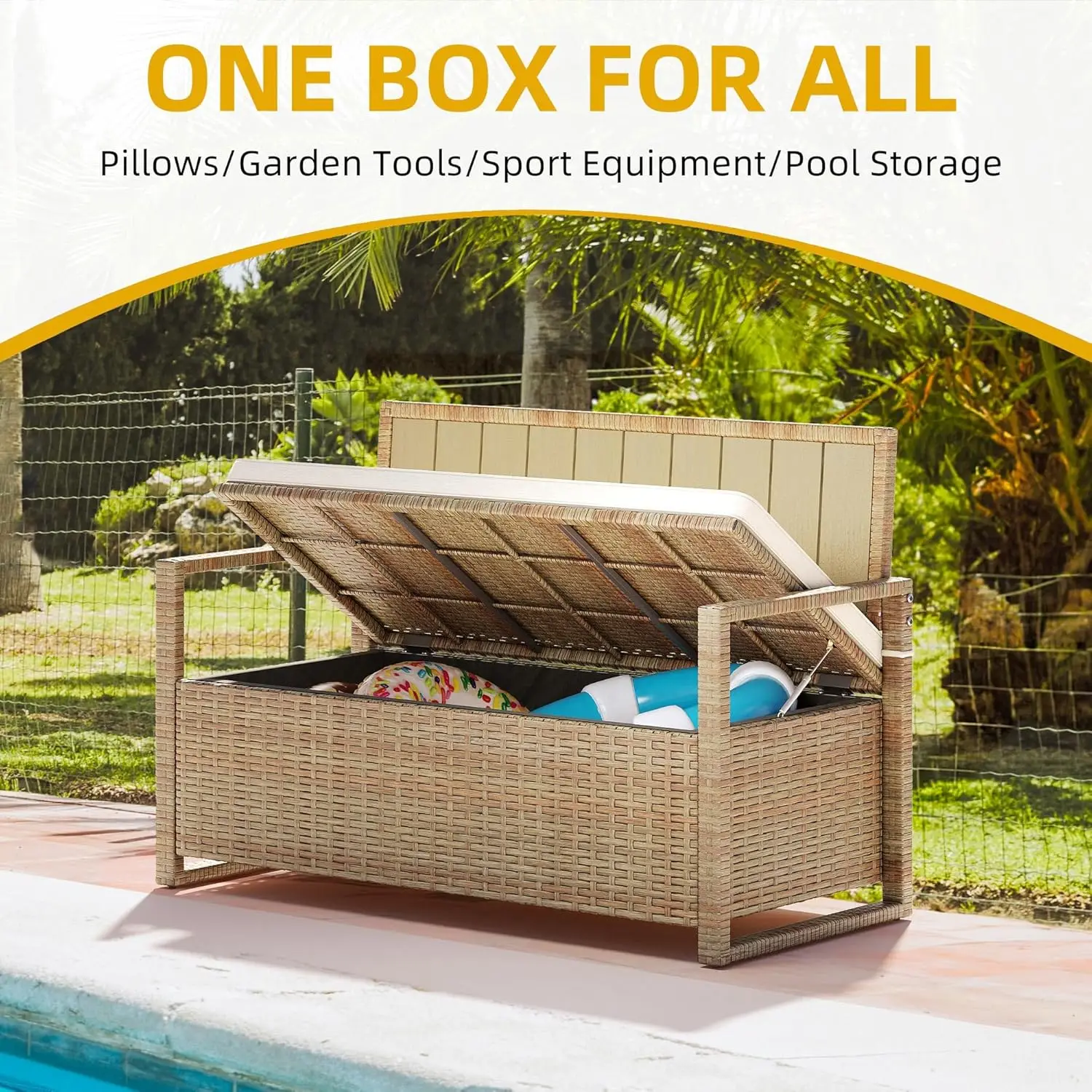 DWVO 70 Gallon Outdoor Storage Bench, Weather-Resistant Deck Box Bench, Wicker Storage with Cushion Seating for Patio, Outdoor