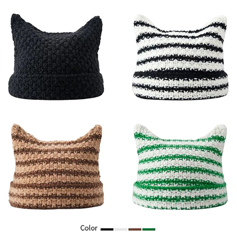 

Little Devil Striped Ear Wool Hat Streetwear Harajuku Beanie Knitted Hat Women Girls Autumn Winter Cute Cat Ears Cap