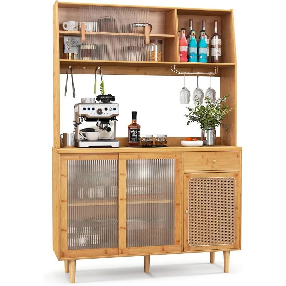 

69 Bamboo Storage Hutch, Microwave Stand, Glass Rack, Freestanding Rattan Sideboard, Tall Cupboard/Kitchen Coffee Bar